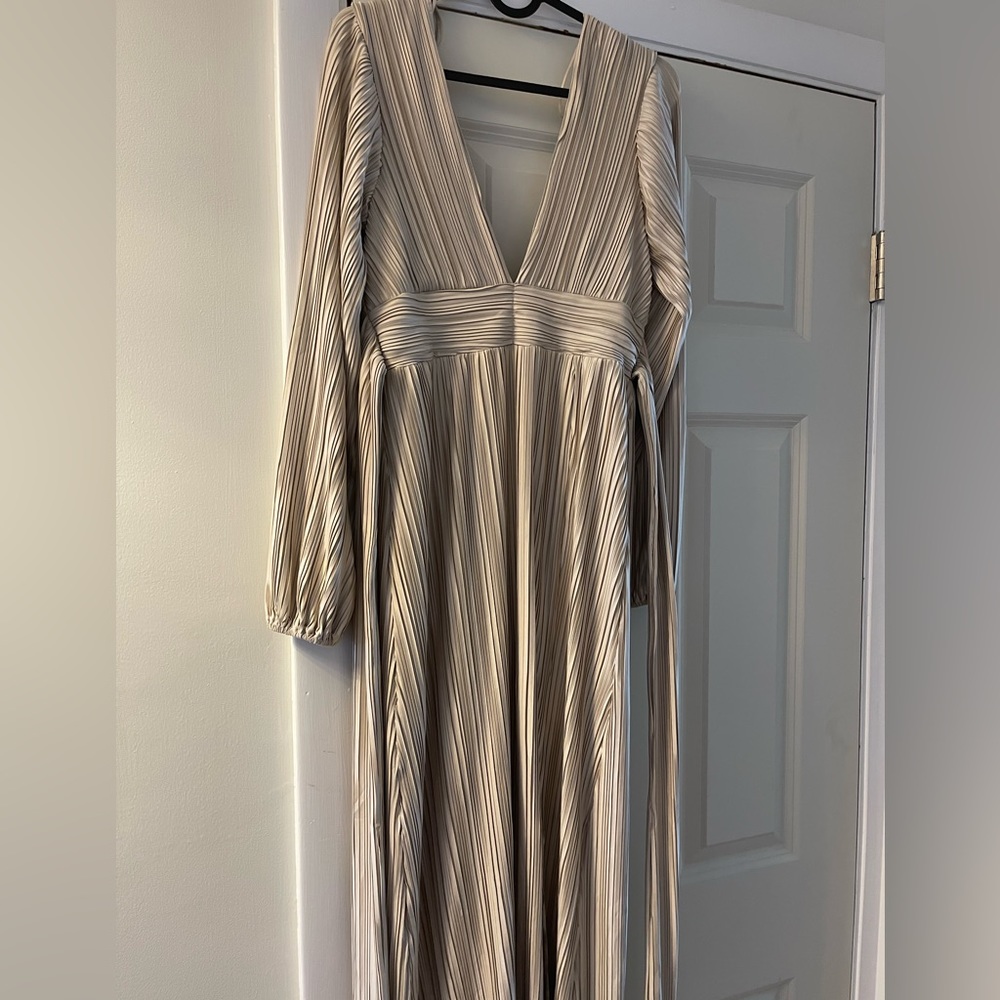 Silks long sleeve, open back, tie waist maxi dress